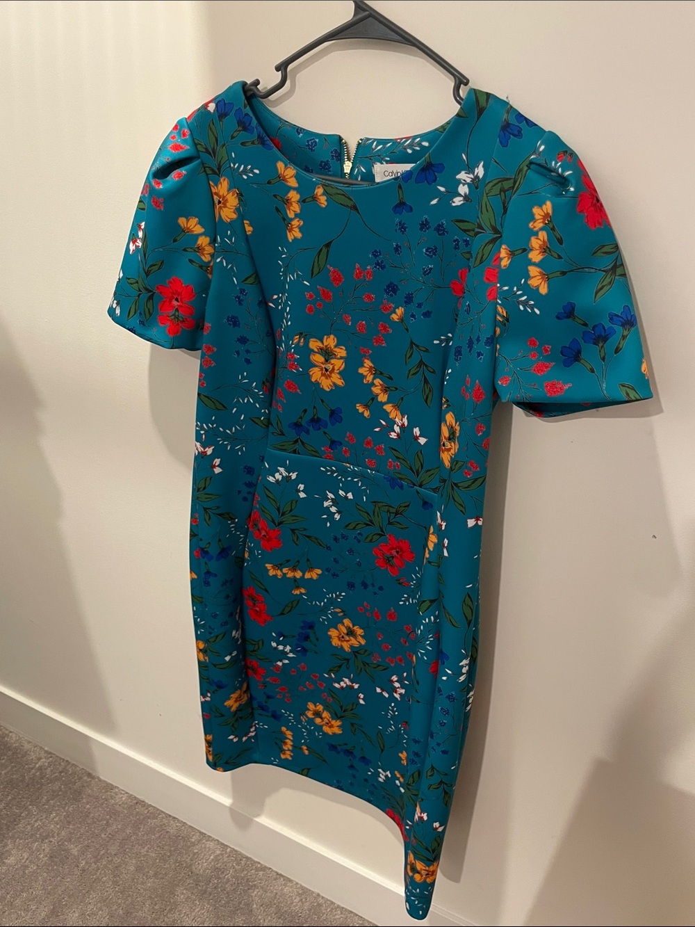 Calvin Klein Teal Floral Shift Dress with Red & Yellow Blooms